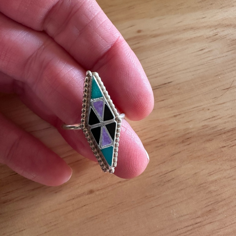 Geometric Silver Ring with Purple and Green inlay accents - Picture 10 of 14